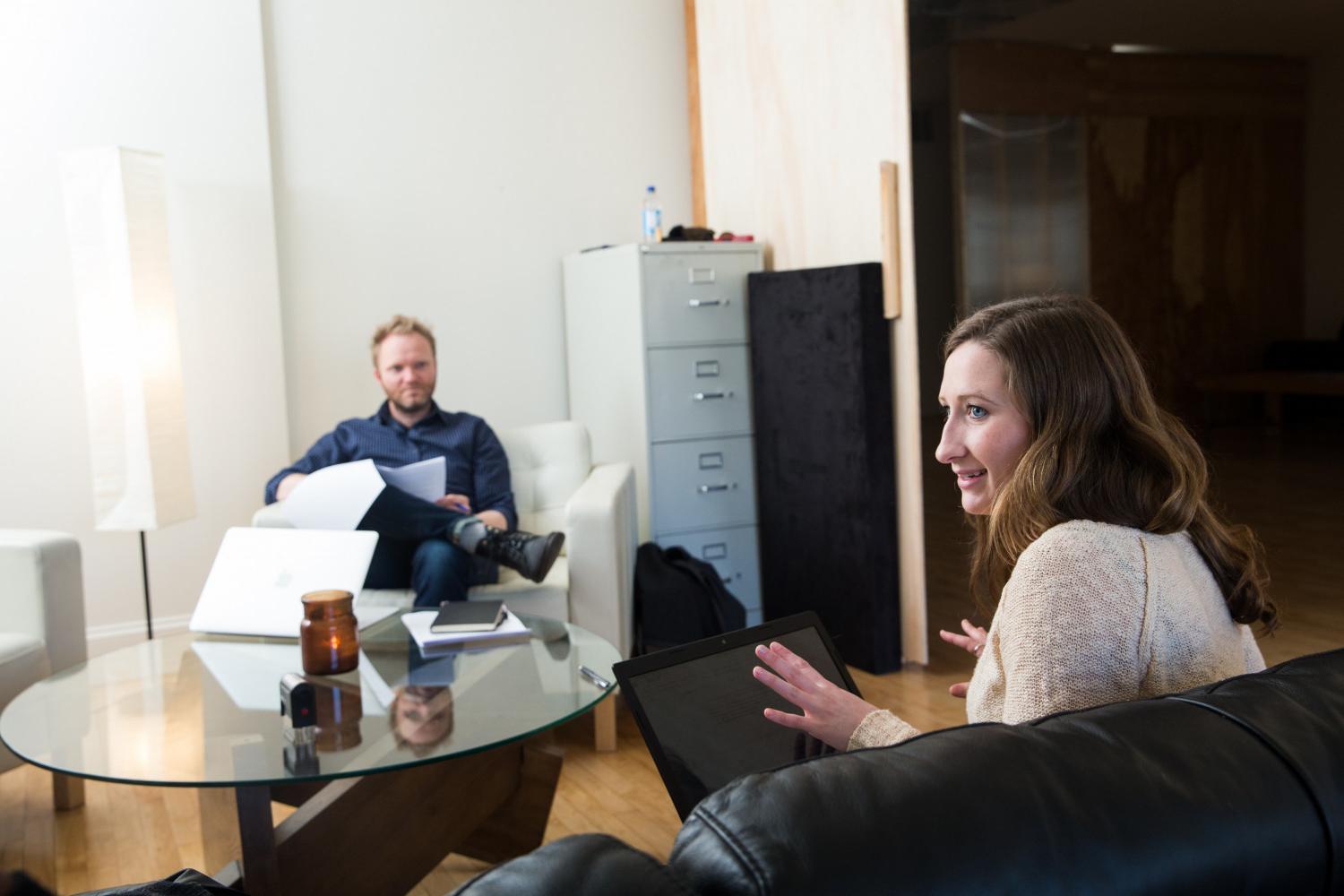 A Carthage College student works with her boss and colleagues during an off-campus internship wit...